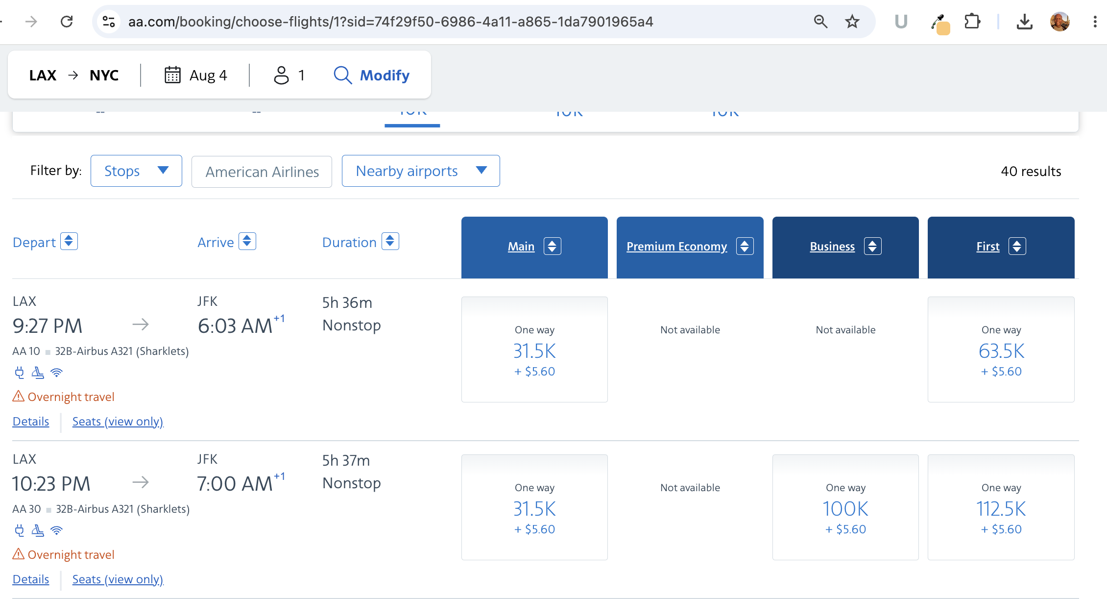 aa.com search results for LAX to JFK showing fares and the View Seats link