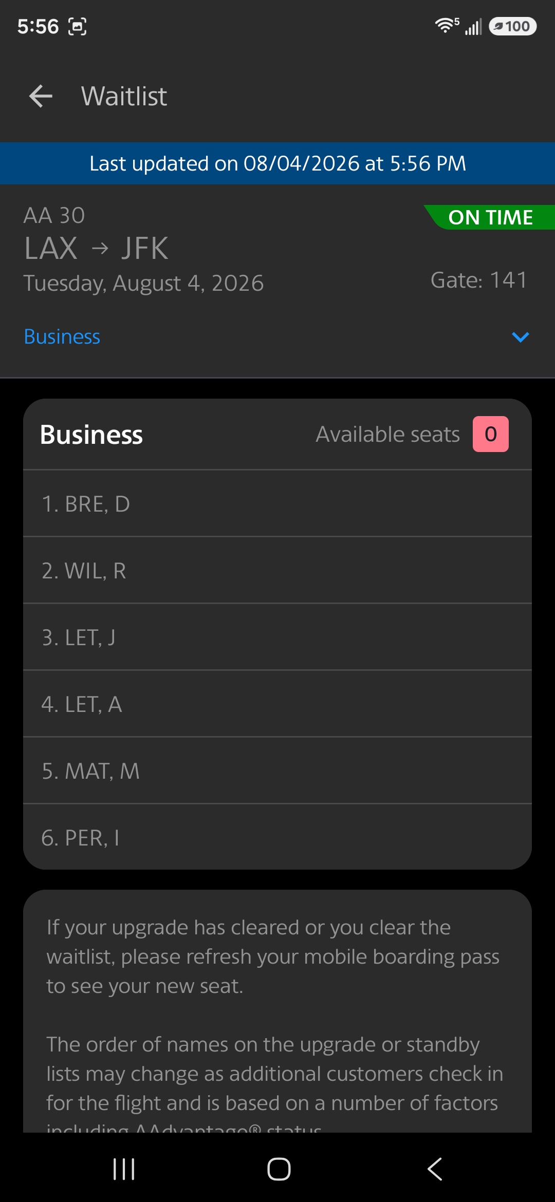 American Airlines Business Class waitlist showing passengers waiting for a seat
