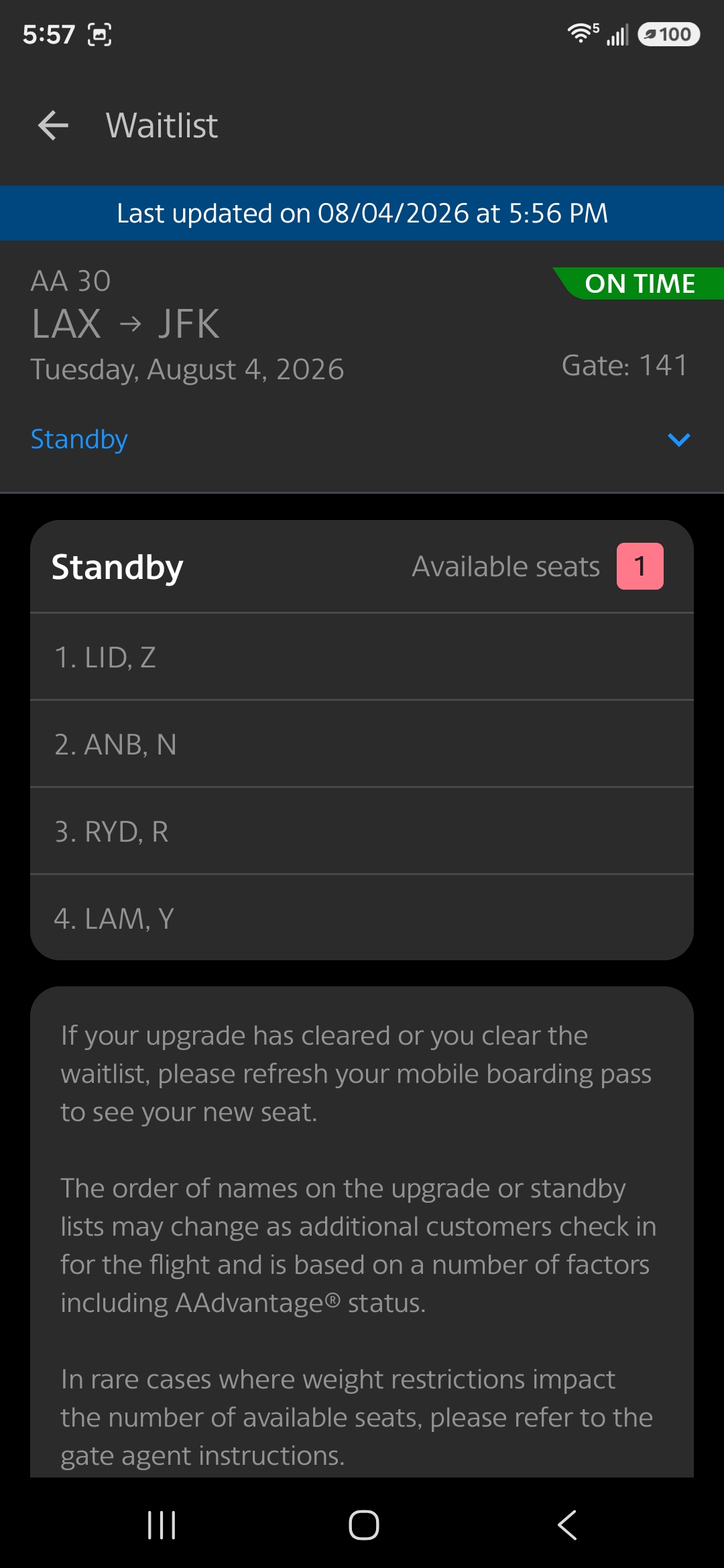 American Airlines Economy Class standby list including revenue passengers not yet assigned a seat