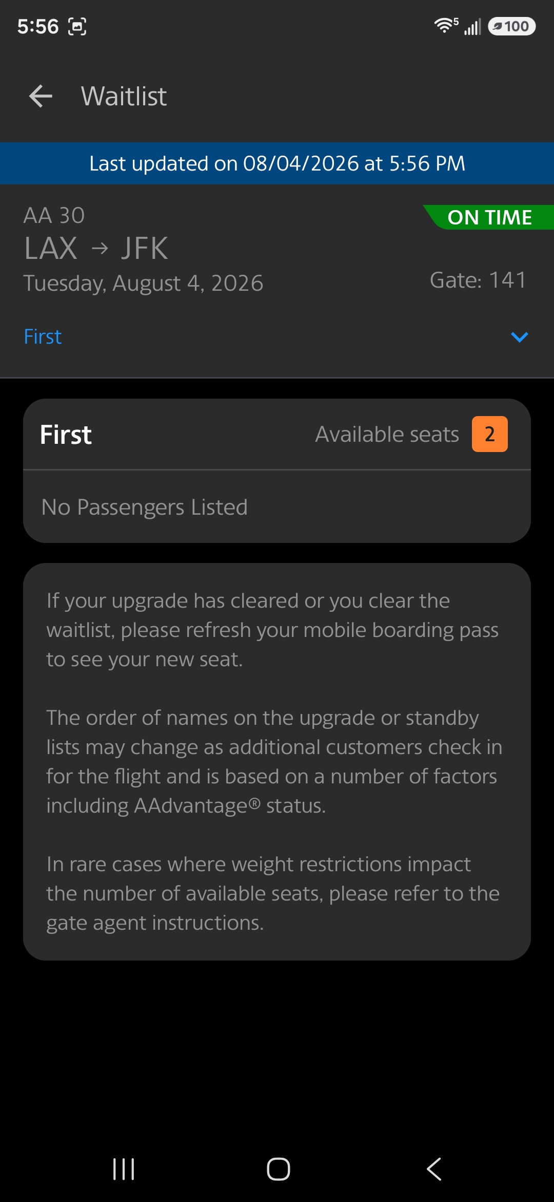 American Airlines First Class waitlist showing passengers on the upgrade list in clearing order