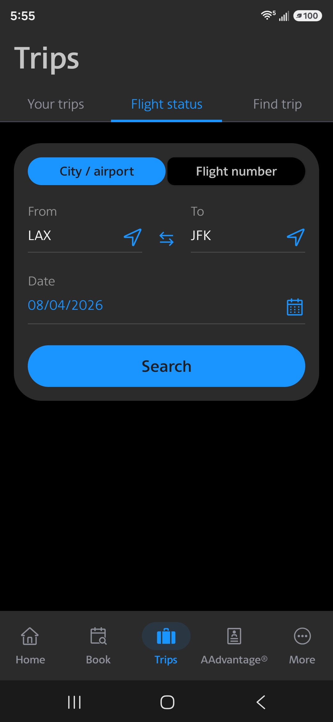 American Airlines app Flight Status screen where you begin looking up a flight