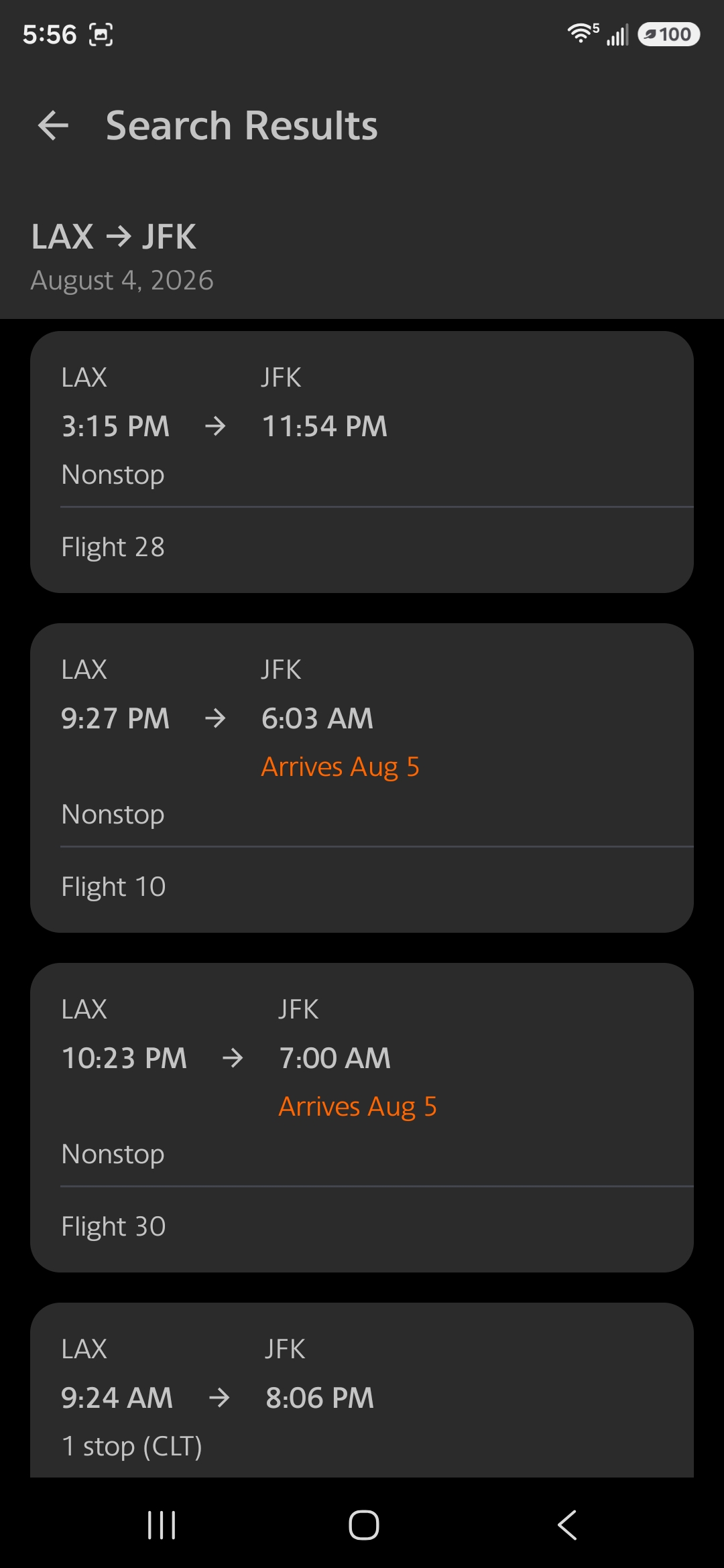 American Airlines app flight status search results listing LAX to JFK departures