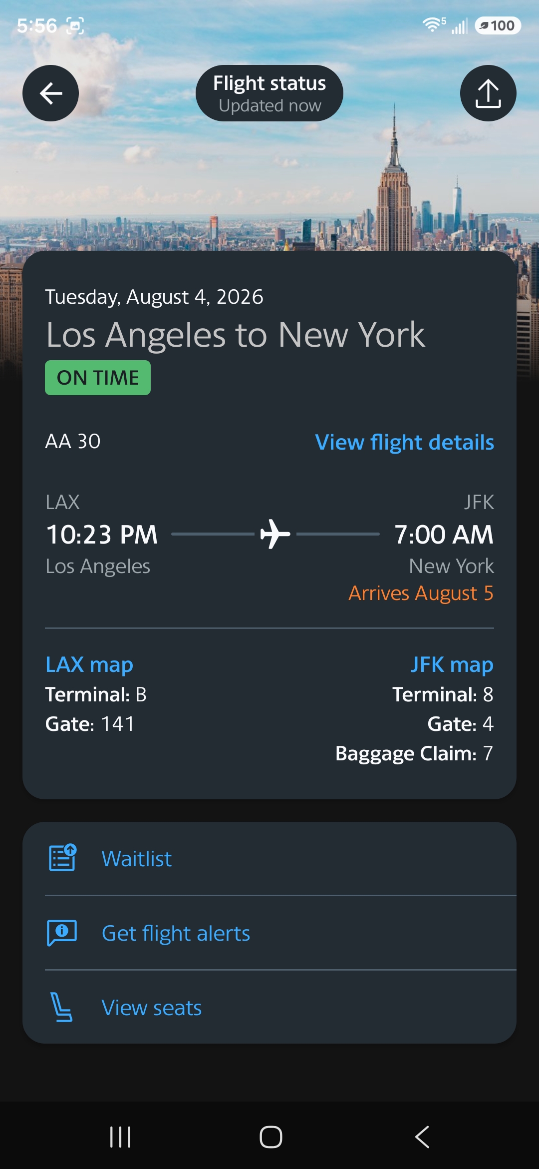 Flight status detail for American Airlines flight AA30 from LAX to JFK in the AA app