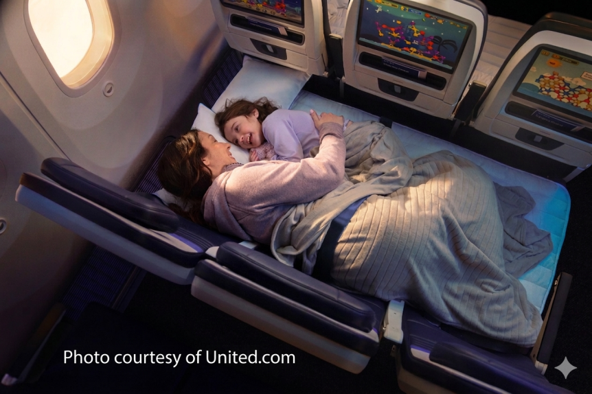 A mother and child lying comfortably on the United Airlines Relax Row, which forms a flat, couch-like bed within the economy cabin of a Boeing 787