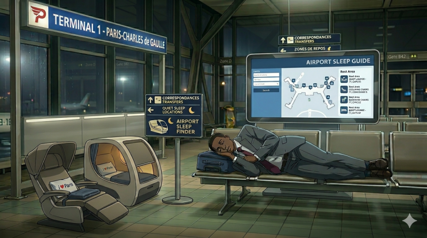 Airport Sleep Finder - male sleeping on an airport bench in CDG