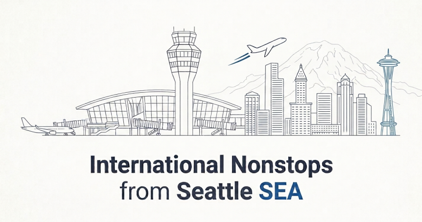 Alaska Airlines Boeing 737 MAX 8 departing Seattle/Tacoma International Airport — SEA international nonstop flights guide