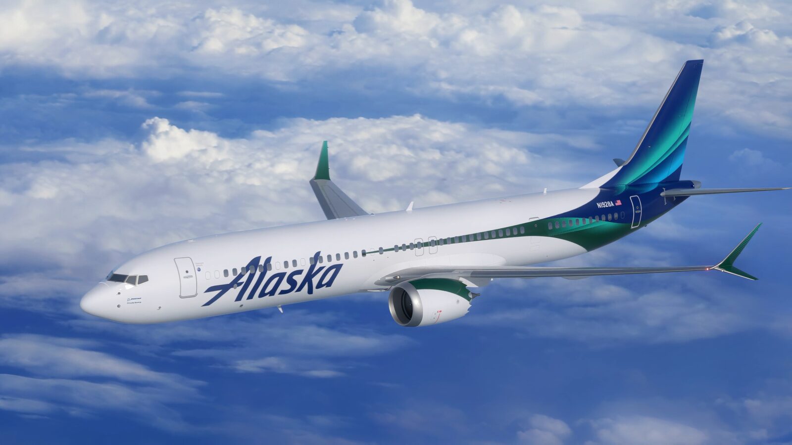 Rendering of an Alaska Airlines Boeing 737-10 MAX in the Aurora livery flying above the clouds