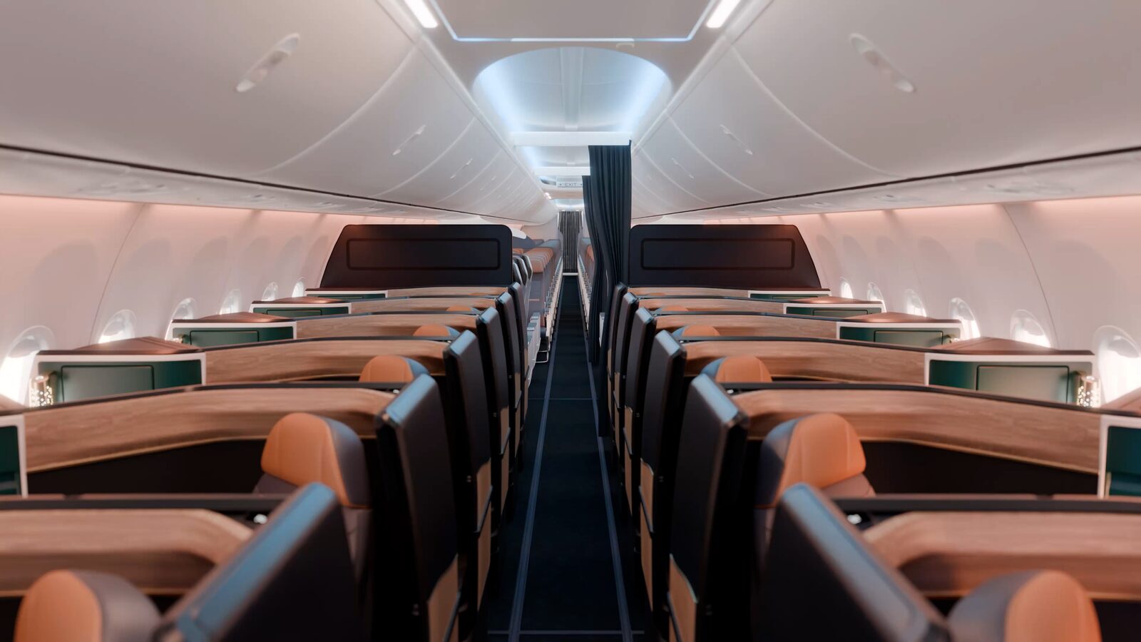 Rendering of the Aurora Suites cabin on the Alaska Airlines Boeing 737-10 MAX, looking down the aisle