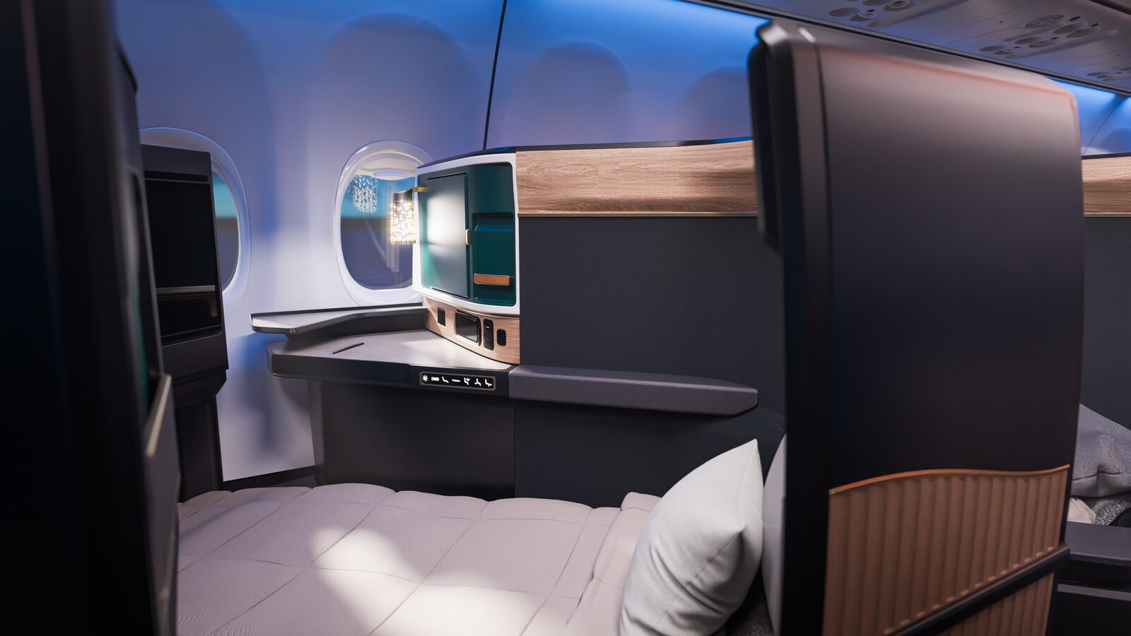 Rendering of an Aurora Suite on the Alaska Airlines Boeing 737-10 MAX with the seat in lie-flat bed mode