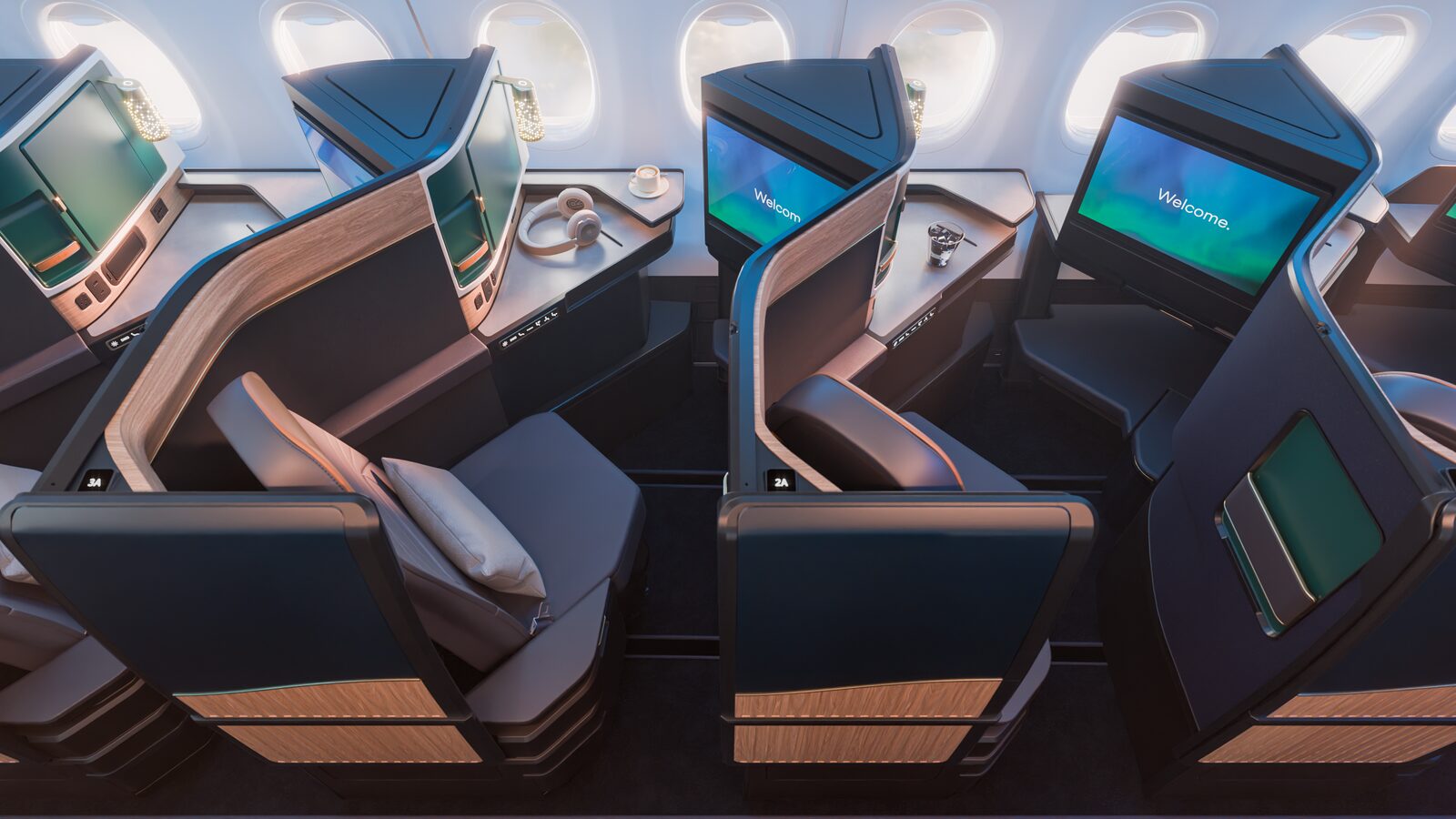 Rendering of Aurora Suites on the Alaska Airlines Boeing 737-10 MAX showing the entertainment screens, side tables and headphones