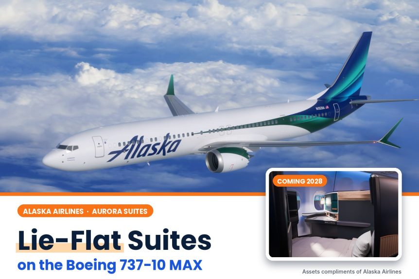 Alaska Airlines Boeing 737-10 MAX in the Aurora livery with an inset of a lie-flat Aurora Suite
