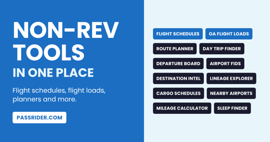 Non-rev tools from Passrider.com: flight schedules, OA flight loads, route planner and more